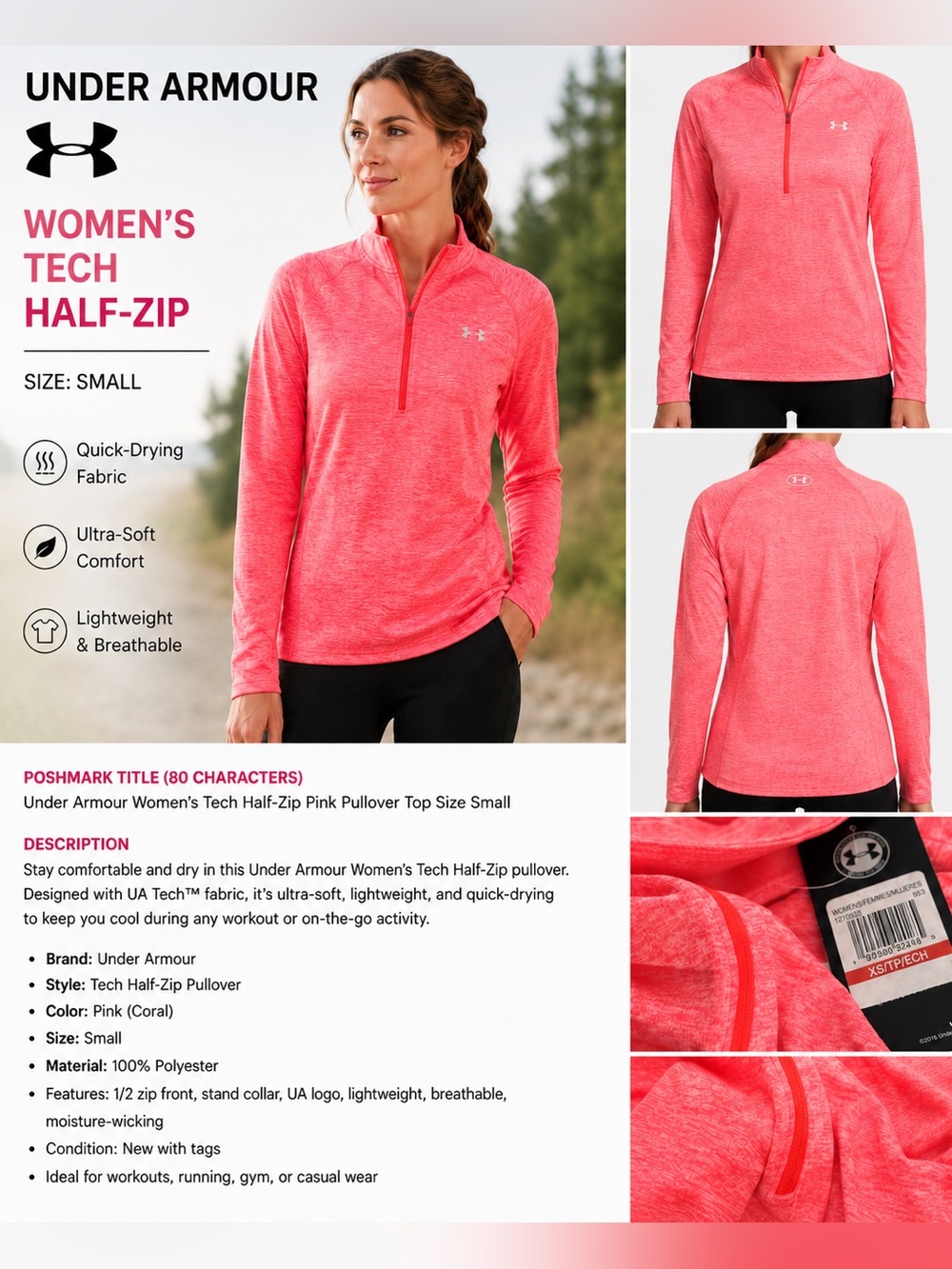 Under Armour Tech 1/2 Zip Pullover Pink Heather Long Sleeve Top Women’s XS NWT